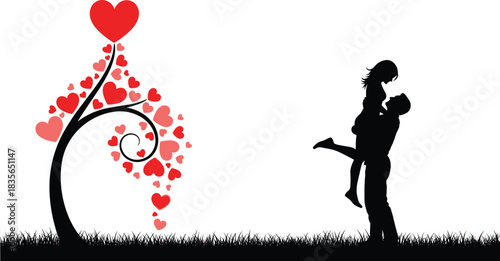 Romantic couple with heart tree, silhouette art, love scene, red hearts, Valentine’s Day theme, affectionate embrace illustration