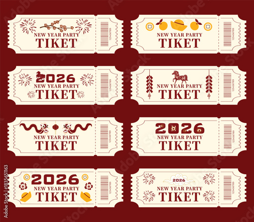 Big set of Chinese New Year party tickets featuring the zodiac Horse, dragon, traditional lanterns, fireworks and plum blossom, money, oranges decorations with 2026 typography in red and gold colors
