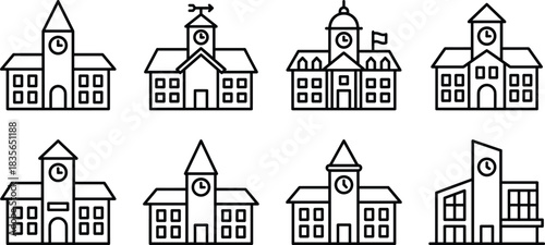 School building icons, education symbol, clock tower, academic architecture, black outline, campus design, learning center, institutional icon, flag dome