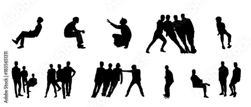 A versatile collection of 20 male silhouettes featuring standing, walking, sitting, teamwork poses and casual group interactions.

