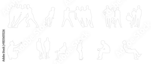 A clean set of 16 male line-art figures, including group dynamics, standing poses and relaxed seated silhouettes. Minimal outlines make this collection perfect for architectural plans, UI design, info