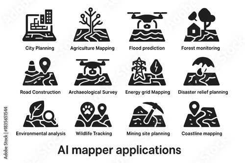Icon mapper grid site ai coastline disaster city mapping planning vector road