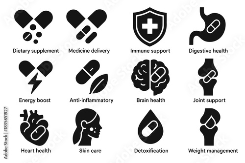 Bio skin capsule management icon heart vector icons brain weight support energy
