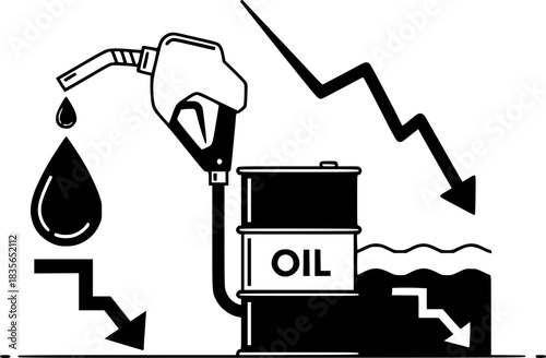 Oil price decline fuel pump drop gasoline barrel cost reduction vector illustration
