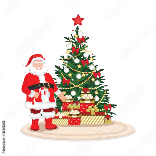 A friendly Santa Claus gestures welcomingly toward the gifts under the Christmas tree. Holiday vector illustration on a white background.