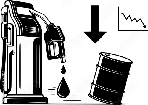 Oil price decline fuel pump drop gasoline barrel cost reduction vector illustration
