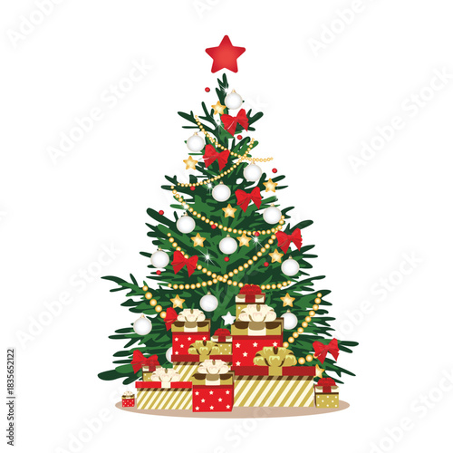 A beautiful Christmas tree decorated with beads, garlands, and baubles, with a pile of gifts underneath. Festive vector illustration on a white background.