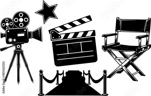 Movie cinema film production icons set with clapperboard camera director chair star and red carpet vector illustration
