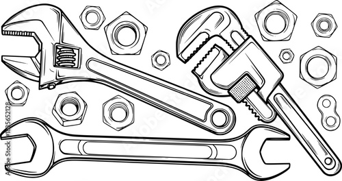 Adjustable wrench and pipe wrench vector set with nuts and spanner tools for mechanical and plumbing repairs
