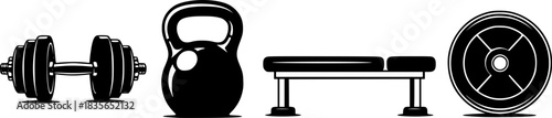 Fitness equipment vector set with dumbbells kettlebell bench and weight plate for gym workout training
