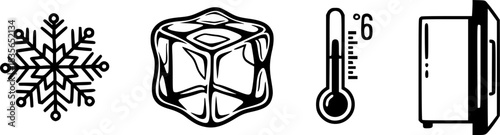 Freezer safe icons set with snowflake ice cube thermometer and fridge door vector illustration
