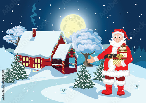 A friendly Santa Claus with gifts in his hands points to a Christmas house. Holiday vector illustration.