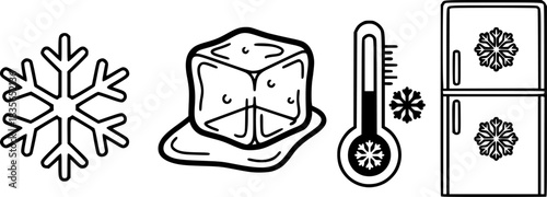 Freezer safe icons set with snowflake ice cube thermometer and fridge door vector illustration
