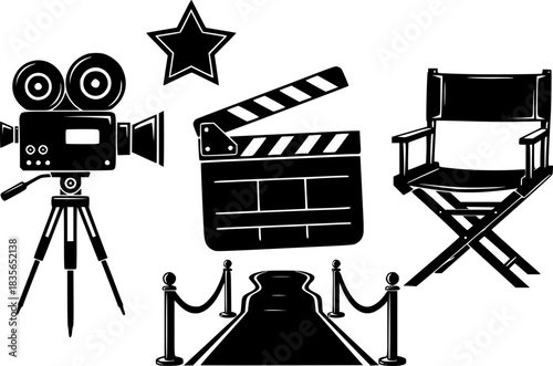 Movie cinema film production icons set with clapperboard camera director chair star and red carpet vector illustration
