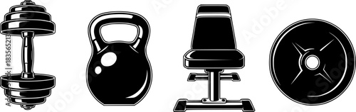 Fitness equipment vector set with dumbbells kettlebell bench and weight plate for gym workout training
