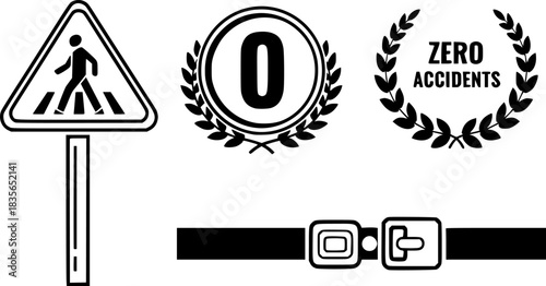Safety icons set including pedestrian crossing zero accidents seatbelt buckle vector illustration
