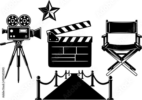 Movie cinema film production icons set with clapperboard camera director chair star and red carpet vector illustration

