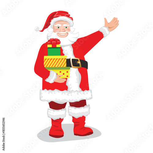 A cheerful Santa Claus with gifts gestures welcomingly. Holiday vector illustration on a white background.