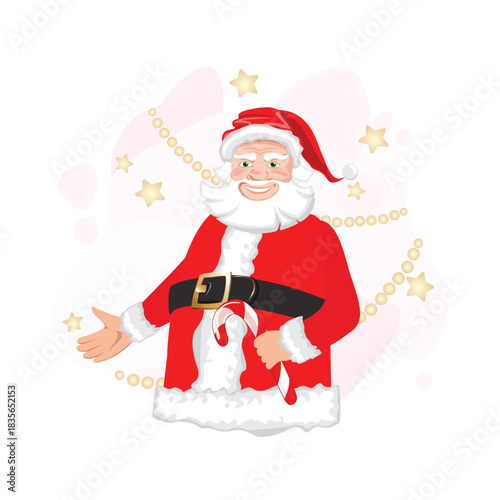 A cheerful Santa Claus with a lollipop gestures welcomingly. Festive vector illustration on an abstract background.