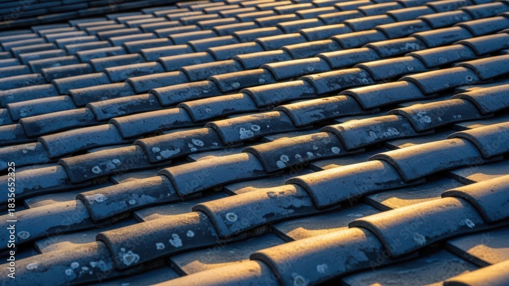 Fototapeta premium Detailed view of weathered, curved blue-grey roof tiles under warm, angled sunlight