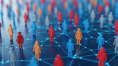 Diverse figures on glowing blue network, symbolizing global connections and data