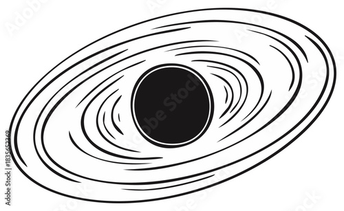 Stylized illustration of a black hole with swirling matter in a minimalist black and white drawing style