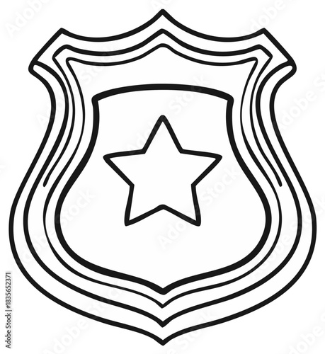Classic law enforcement officer shield with a five pointed star simple black and white line art illustration