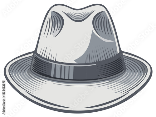 Stylish vintage fedora hat vector illustration, monochrome artwork isolated.