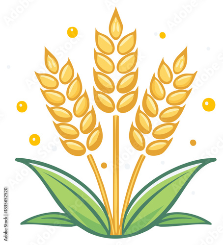 Stylized golden wheat stalks with green leaves and scattered golden dots