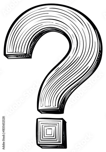 Bold sketch of a question mark with engraved line art detail