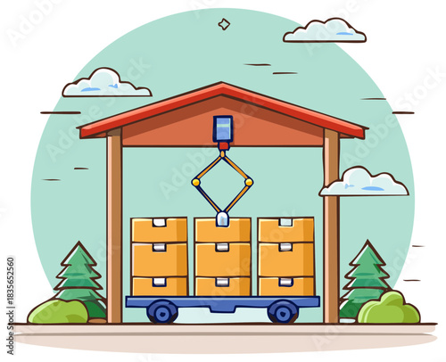 Warehouse Loading with Robotic Arm and Delivery Cart for Parcels Cartoon