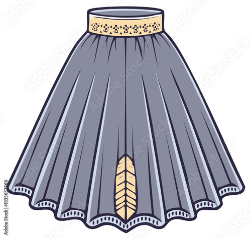 Elegant gray flowy pleated skirt featuring a feather detail and decorative patterned trim