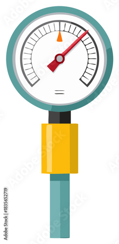 Illustration of a pressure gauge with a red needle and clear dial for measuring
