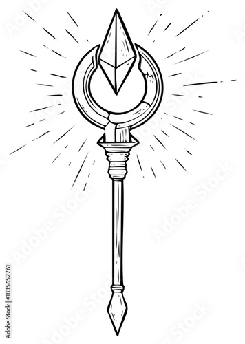 Illustrative Fantasy Magic Staff with Glowing Crystal and Radiating Power Outline