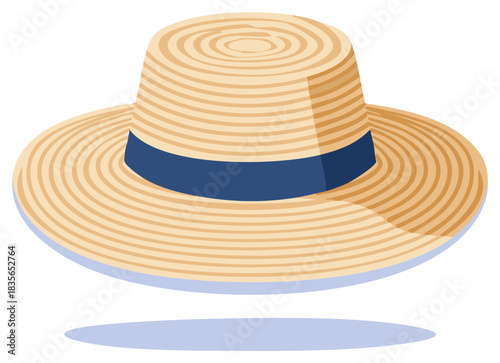 Woven straw sun hat with blue ribbon and shadow on white background