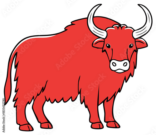 Cartoon Red Yak with Large Horns Standing Proudly