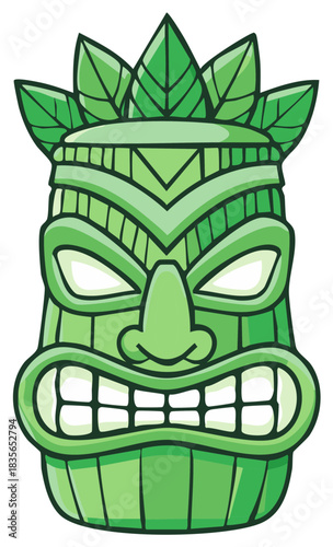 Cartoon Green Tiki Mask with Large Grinning Mouth and Leafy Headdress