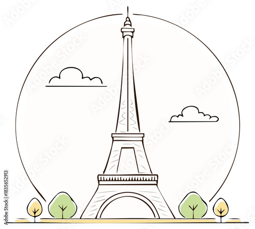 Iconic Eiffel Tower Linear Illustration with Clouds and Trees in Scenic Parisian Landscape