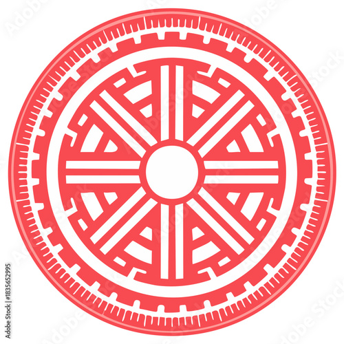 Red intricate geometric circular emblem symbol with radial spokes and segmented border