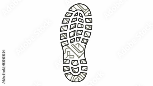 A close-up view of the sole of a boot, showcasing its intricate tread pattern. The image captures the texture and design