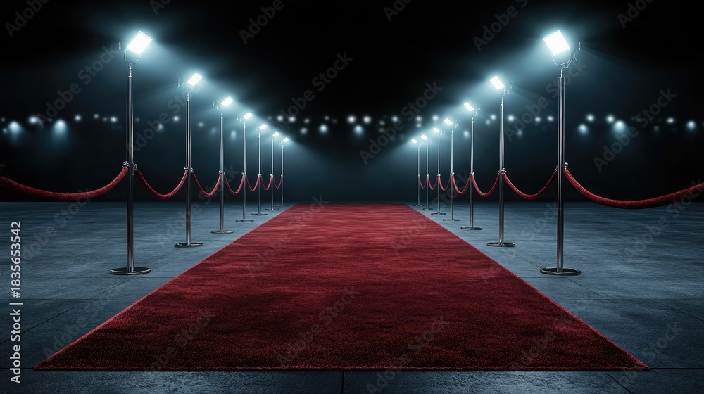 Fototapeta premium A stunning red carpet lined with velvet stanchions and illuminated by spotlights sets the stage for an upscale movie premiere entrance