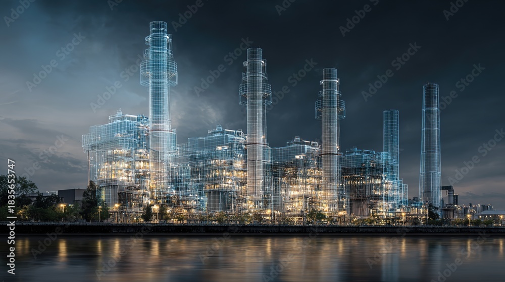 Naklejka premium Industrial Power Plant: A high-tech view of a power plant against a dusk sky, with its intricate network of pipes, chimneys, and structures reflecting a city skyline.