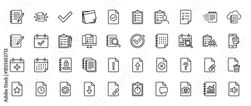 Task management line icon set. Vector pictograms of checklist, calendar, document, and reminder, thin outline illustration.