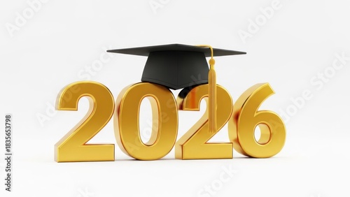 Gold 3D '2026' numbers, topped with a black graduation cap and gold tassel, white BG