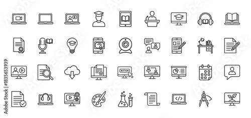 Education and e-learning line icon set. Vector pictograms of laptop, student, document, video, and computer, thin outline illustration.