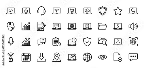 Business and technology line icon set. Vector pictograms of laptop, headset, shield, chart, cloud, folder, microphone, fingerprint and calendar, thin outline illustration.