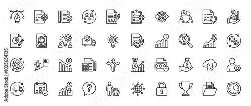 Business and finance line icon set. vector pictograms of strategy, planning, analytics, growth, and management, thin outline illustration.
