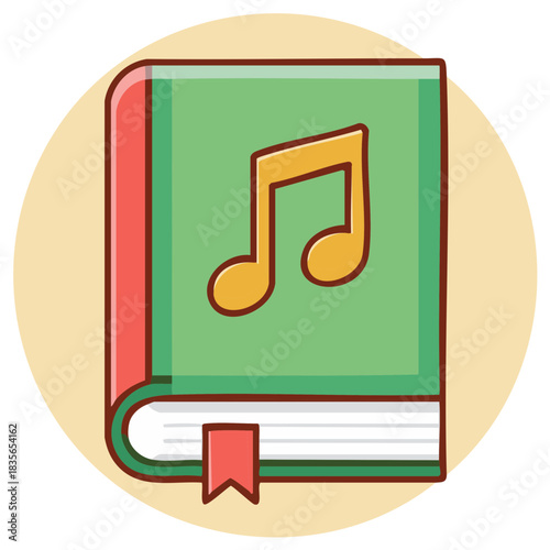 Illustration of a closed music book with a musical note symbol on its green cover and a red bookmark