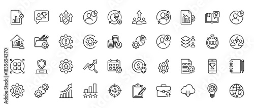 Business and management line icon set. Vector pictograms of charts, gears, targets, and currency, thin outline illustration.