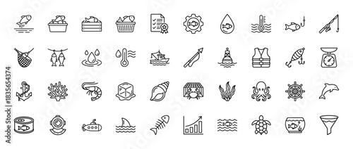 Fishing and seafood line icon set. Vector pictograms of rod, boat, net, hook, crab, shrimp, anchor, octopus, fish, scale, submarine and shell, thin outline illustration.